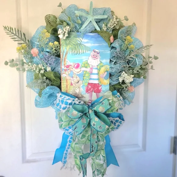 Christmas Beach Santa Wreath Coastal Starfish Rudolph Deco Mesh Bow - Picture 3 of 8